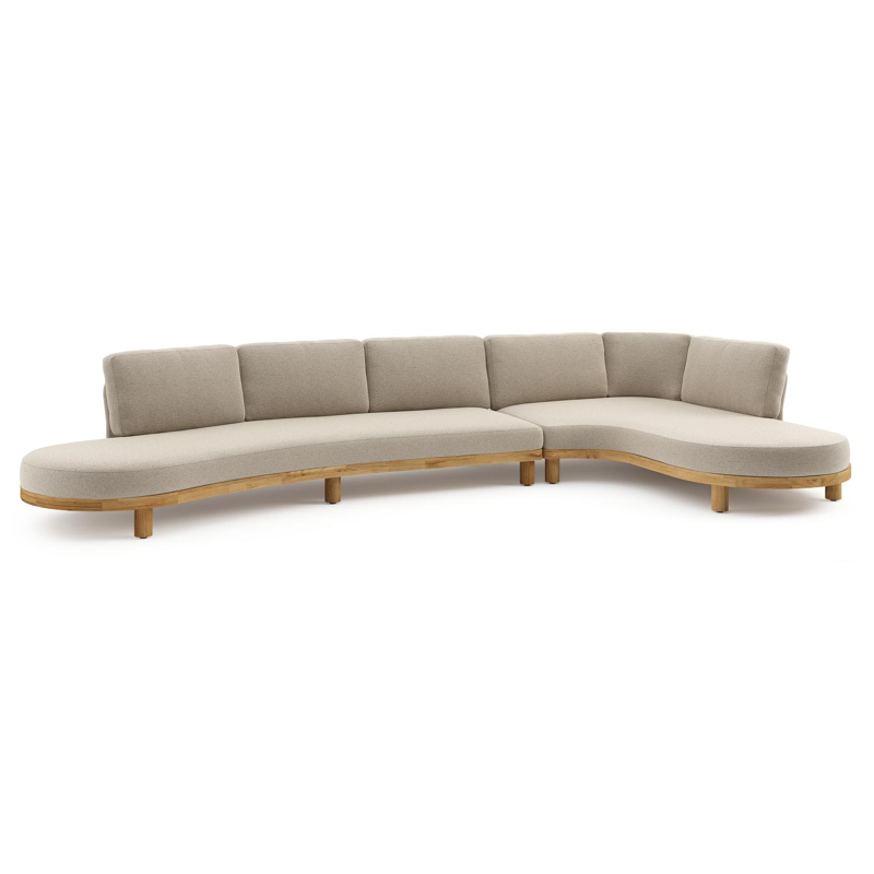 Donato loungehoek in teak en beige verticaal geweven ronde rope met all weather cosytica Marbella Beige kussen