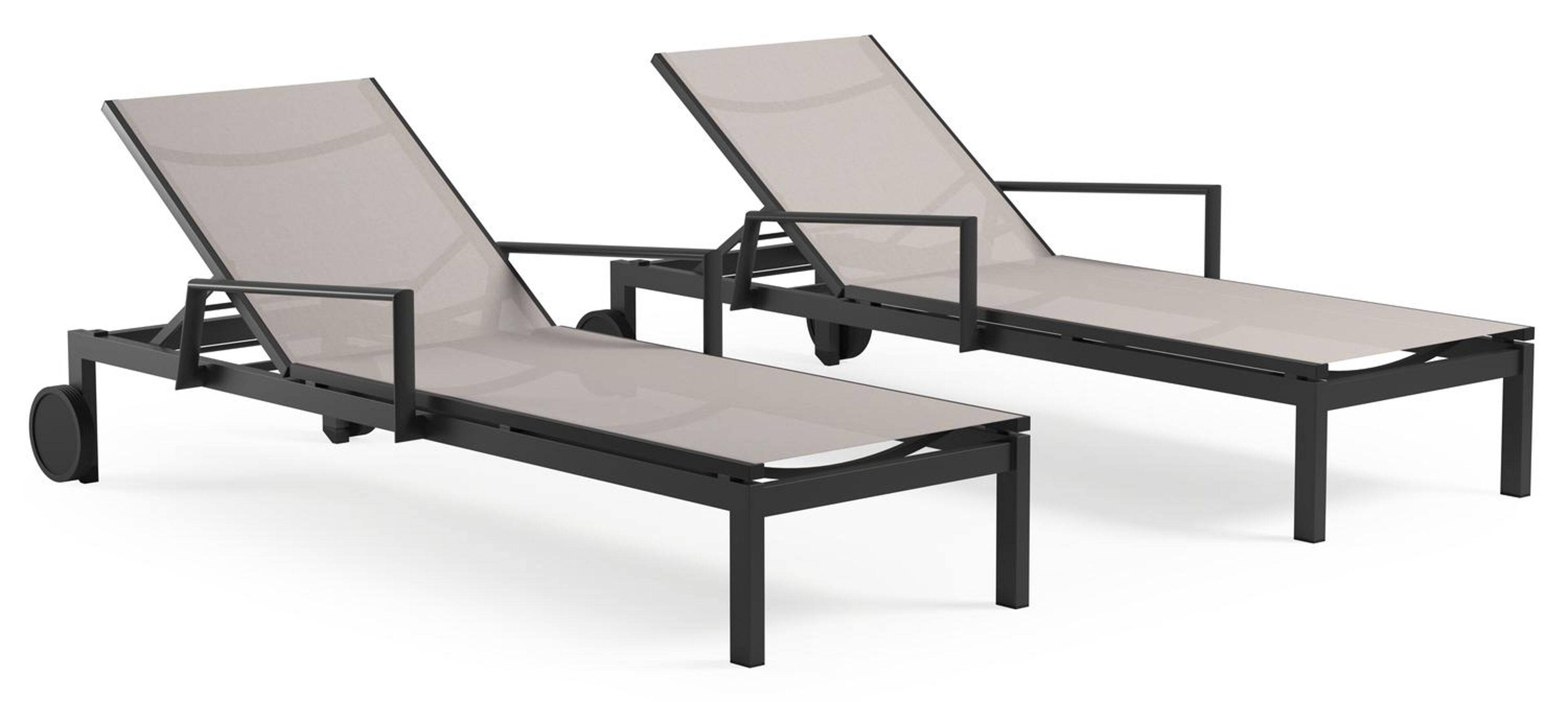 Ensemble de 2 chaises longues réglables Caravelle en aluminium noir et textilène simple beige avec accoudoir