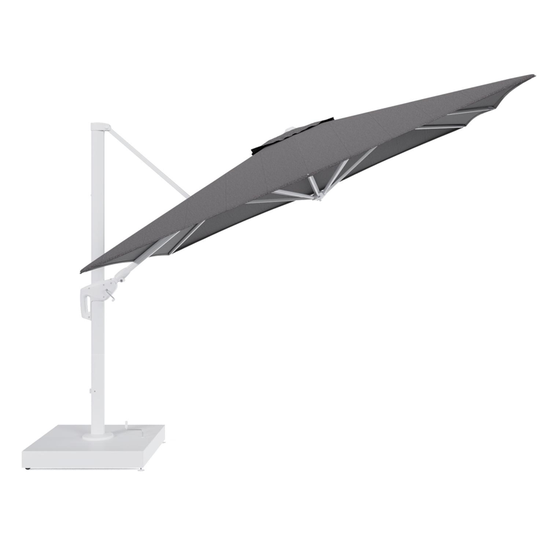 Minore zweefparasol met tiltfunctie in wit aluminium en Firenze Tunder All Weather Solica parasoldoek - L1 350 x L2: 350 cm met parasolvoet Minore 260 kg met wielen