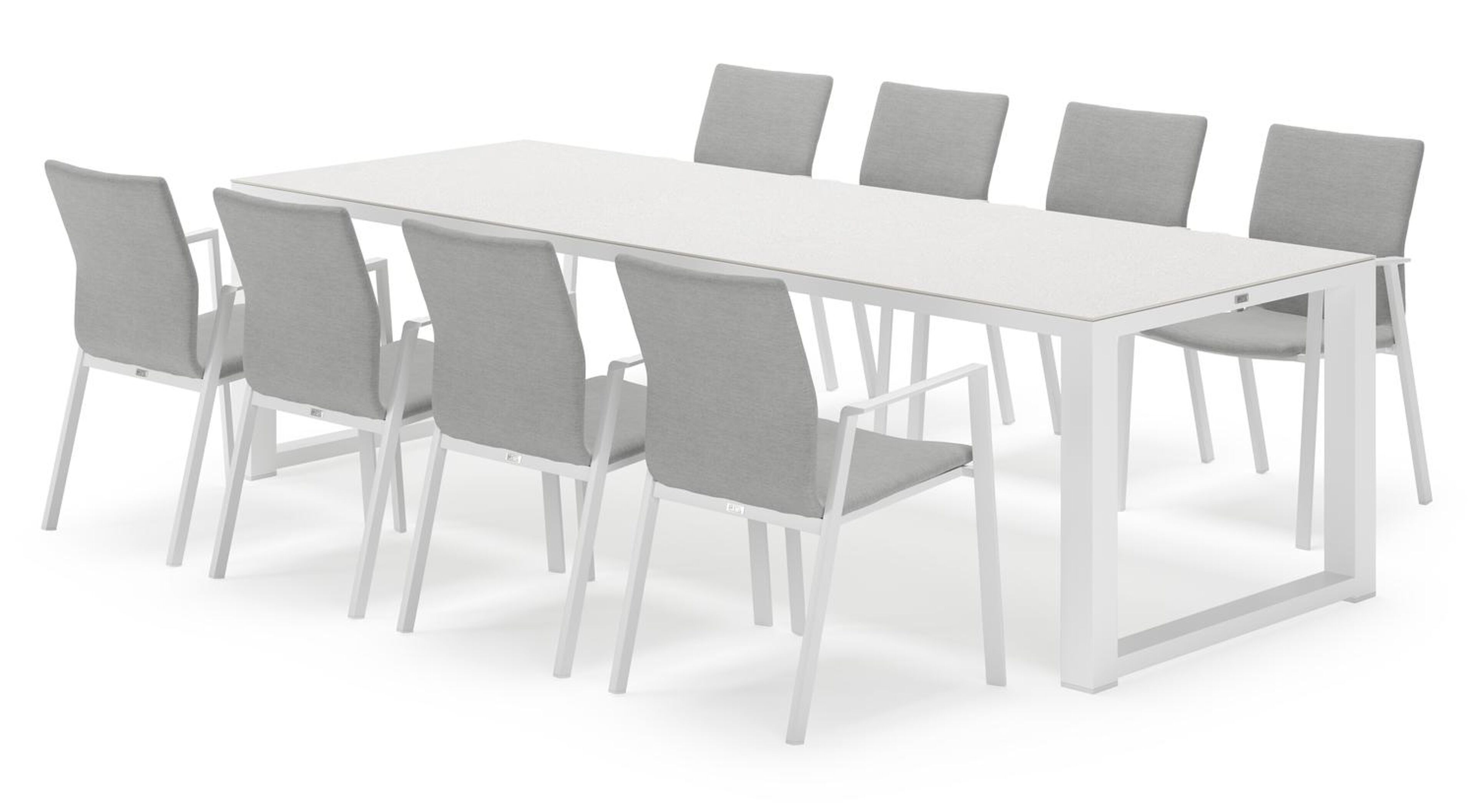 Livo rechthoekige tuinset in wit aluminium en sintered stone topo minerale met 8 Madura tuinstoelen