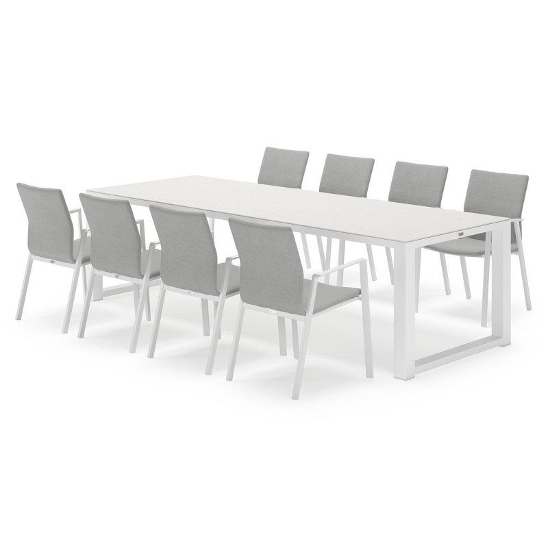 Livo rechthoekige tuinset in wit aluminium en sintered stone topo minerale met 8 Madura tuinstoelen