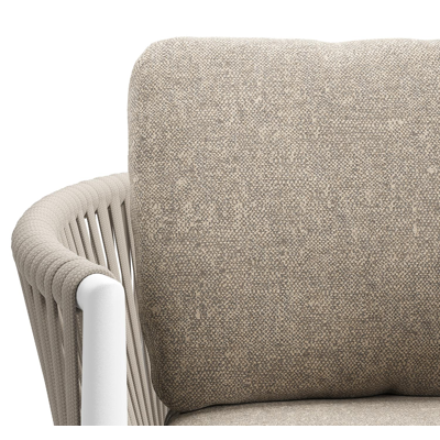 Chaise de jardin Organo en aluminium blanc et corde luxe plate tissée verticalement beige avec coussin en All Weather Sunbrella® Luxe Chartres Pewter