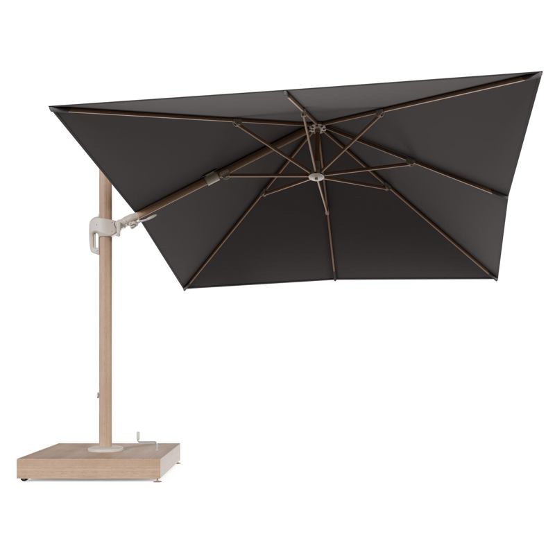 Rufina zweefparasol met tiltfunctie in houtlook aluminium en Natte Nature Grey All Weather Sunbrella® Luxe parasoldoek - L1 300 x L2 300 cm met parasolvoet Minore 260 kg met wielen