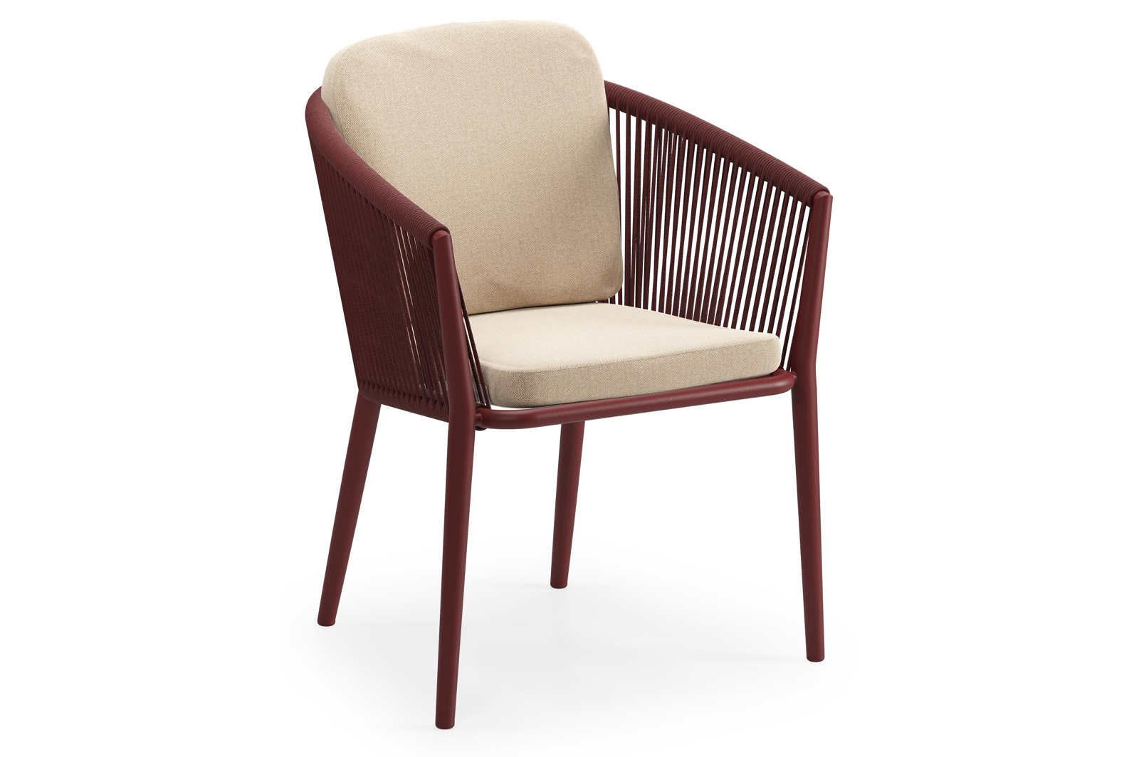 Chaise de jardin Orso en aluminium ruby et corde ronde tissée verticalement ruby avec coussin luxe en All Weather Sunbrella® Luxe Natte Heather Beige