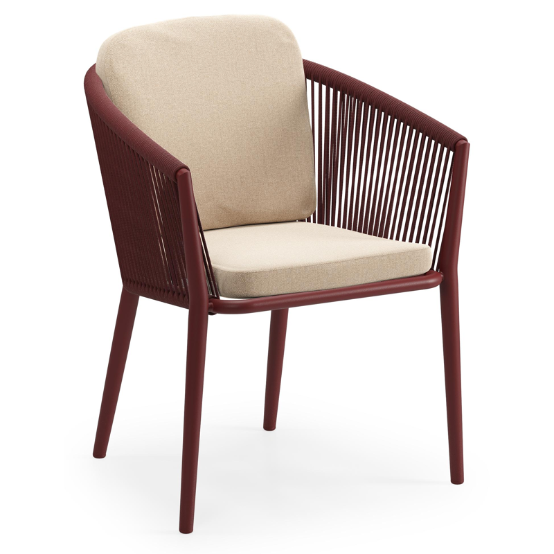 Chaise de jardin Orso en aluminium ruby et corde ronde tissée verticalement ruby avec coussin luxe en All Weather Sunbrella® Luxe Natte Heather Beige