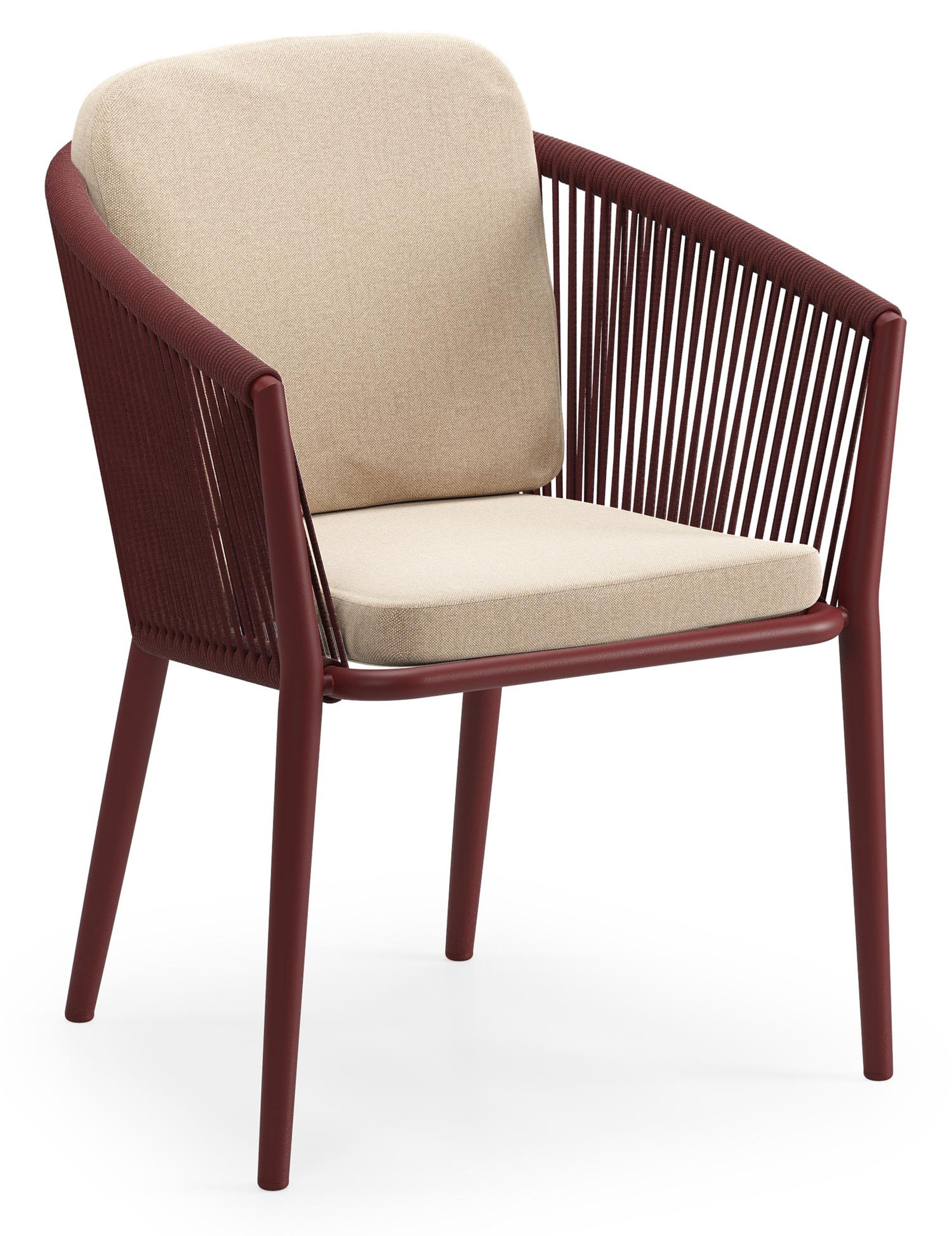 Orso tuinstoel in ruby aluminium en ruby verticaal geweven ronde rope met luxe zitkussen in All Weather Sunbrella® Luxe Natte Heather Beige
