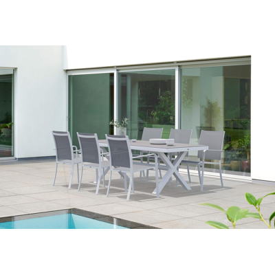 Ensemble de jardin Reza en aluminium blanc avec plateau de table en céramique pleine gris et 6 chaises de jardin empilables Calobra