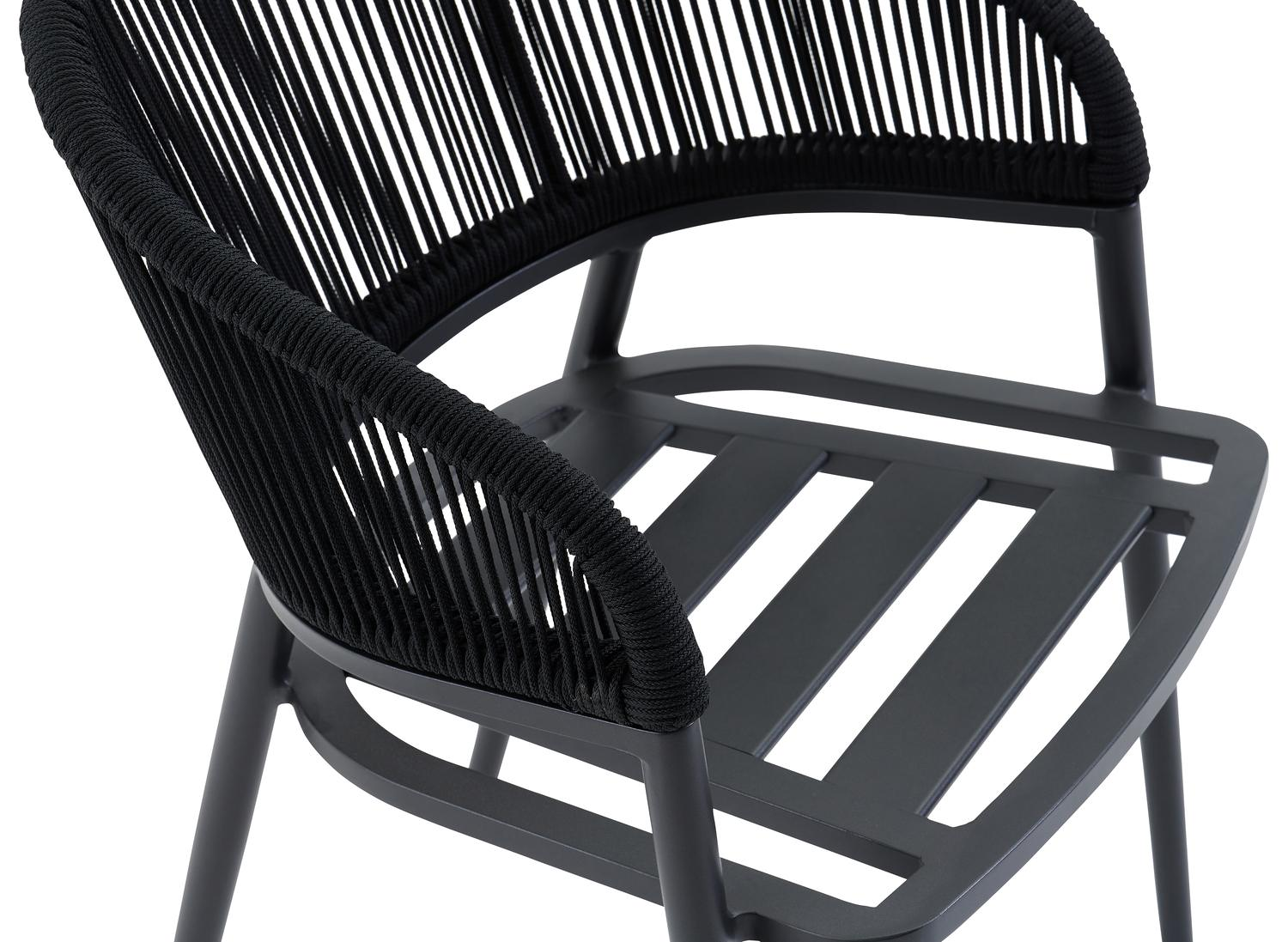 Lacrima tuinstoel in zwart aluminium en zwart verticaal geweven ronde rope met kussen in chartres sooty all weather sunbrella® luxe