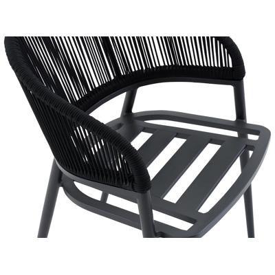 Lacrima tuinstoel in zwart aluminium en zwart verticaal geweven ronde rope met kussen in natte sooty all weather sunbrella® luxe