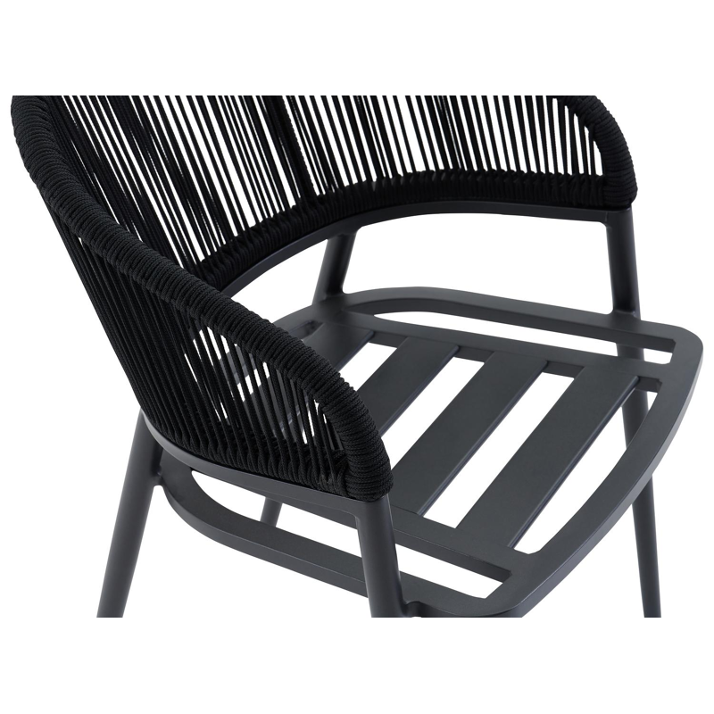 Lacrima tuinstoel in zwart aluminium en zwart verticaal geweven ronde rope met kussen in chartres sooty all weather sunbrella® luxe