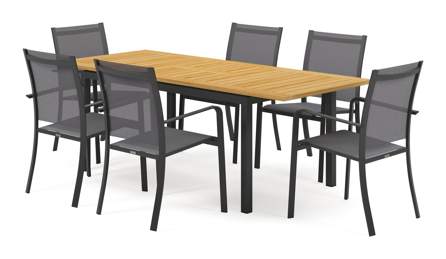 Amalfi tuinset met verlengbare tafel in zwart aluminium en teak tafelblad met 6 stapelbare Calobra tuinstoelen