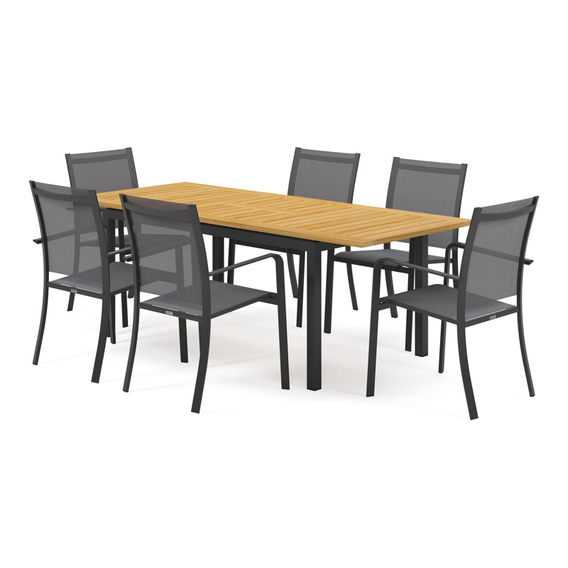 Ensemble de jardin Amalfi avec table extensible en aluminium noir avec plateau de table en teck et 6 chaises de jardin empilables Calobra