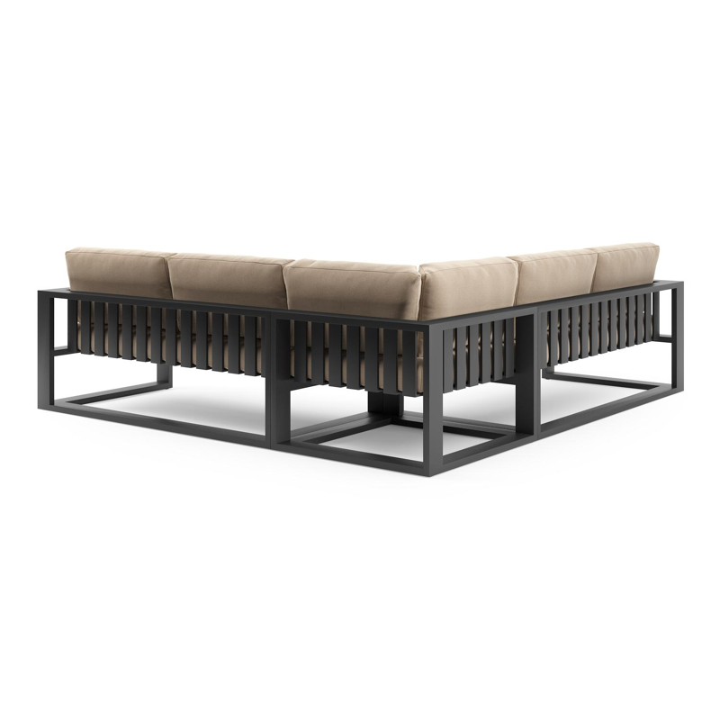 Salon de jardin d'angle Verato en aluminium noir et coussins en all weather sunbrella® luxe natte heather beige