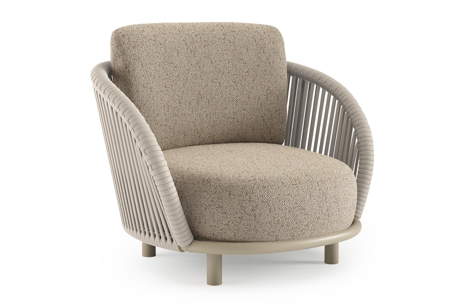 Fauteuil de jardin Lupino en aluminium beige et corde large plate de luxe tissée verticalement beige et coussins en all weather cosytica bora jungle