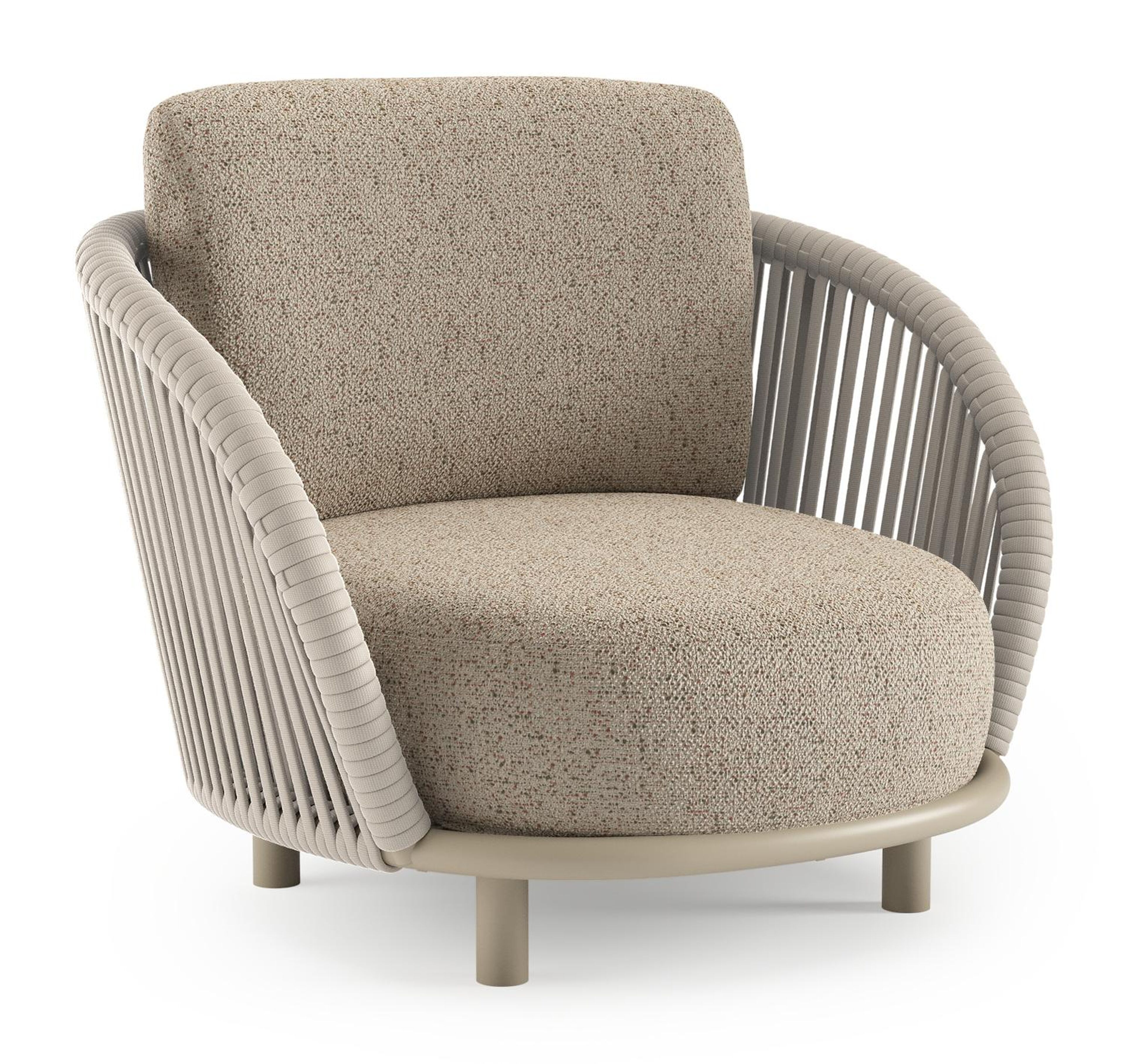 Lupino loungestoel in beige aluminium en beige verticaal geweven luxe vlakke brede rope met bora jungle all weather cosytica kussen