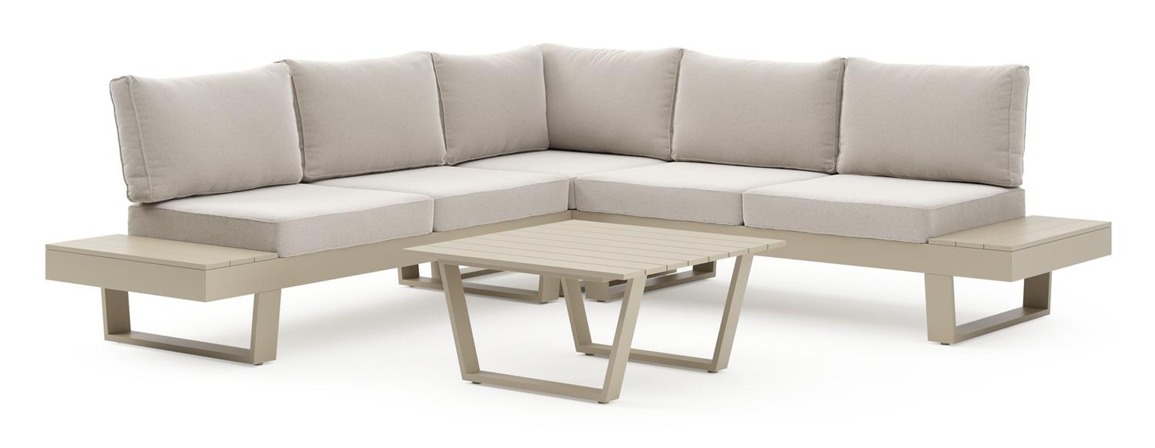 Alora loungehoek in beige aluminium met beige weather+ softtouch kussens en loungetafel