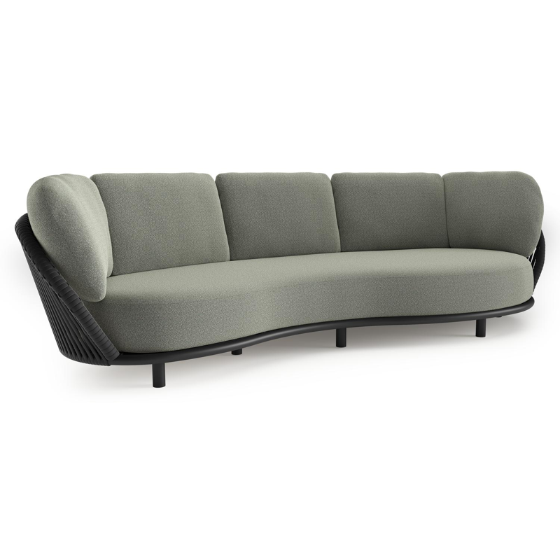 Canapé de jardin Lupino en aluminium noir et corde large plate de luxe tissée verticalement noir et coussins en all weather sunbrella® luxe savane leaf