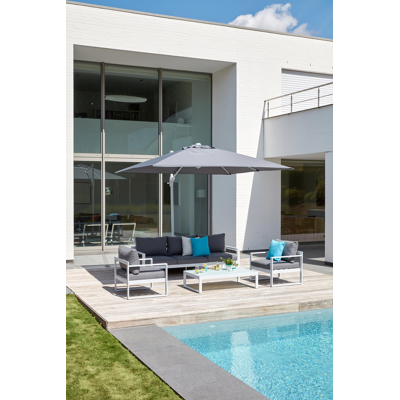 Caldela loungeset in wit aluminium met grijs polyester kussens en loungetafel