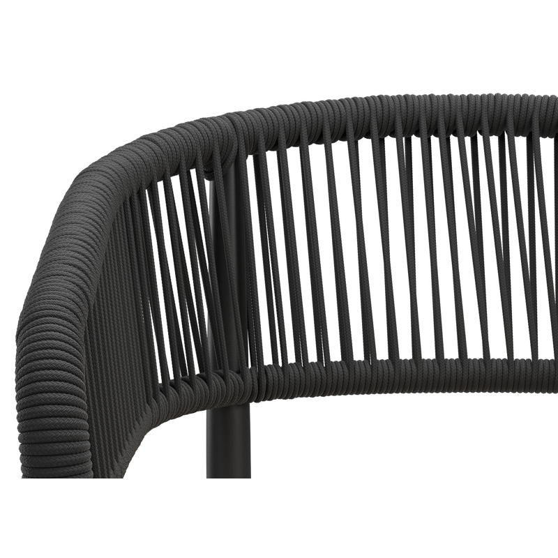 Chaise de jardin empilable Tolfa en aluminium noir et corde ronde tissée verticalement noir avec coussin en All Weather Sunbrella® Luxe Natte Linen Chalk