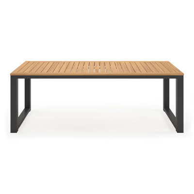 Livo tuinset in zwart aluminium en natural finish teak tafelblad met 6 stapelbare Matera tuinstoelen