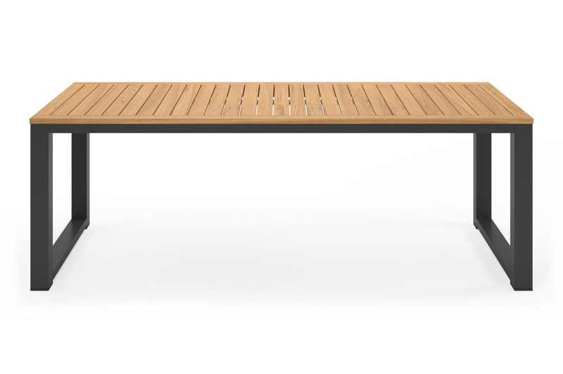 Livo tuinset in zwart aluminium en naturel teak tafelblad met 6 stapelbare Calobra tuinstoelen