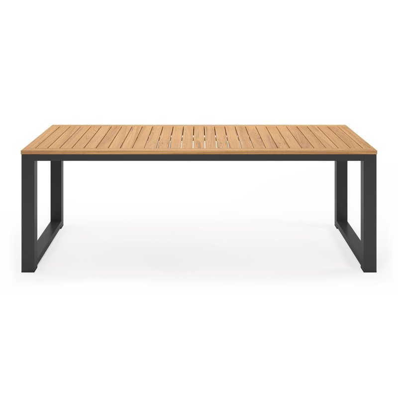 Livo tuinset in zwart aluminium en naturel teak tafelblad met 6 stapelbare Calobra tuinstoelen