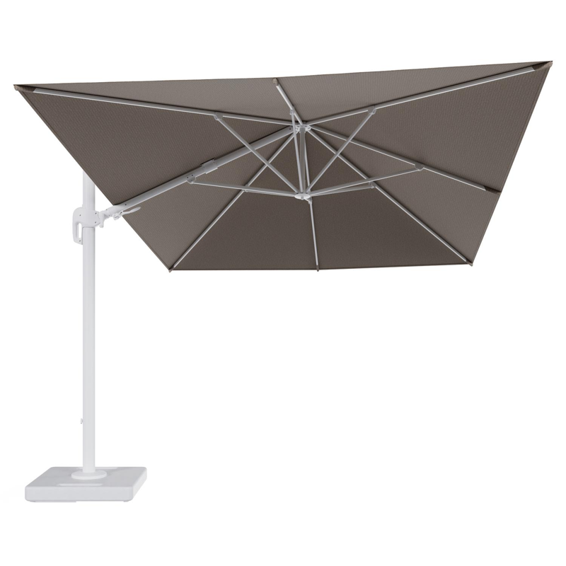 Rufina zweefparasol tiltfunctie in wit aluminium en parasoldoek in All Weather Solica Firenze Earth - L1 400 x L2 300 cm met parasolvoet Lapido 160 kg