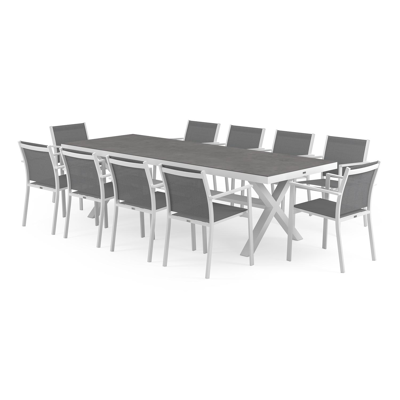 Reza tuinset in wit aluminium en grijs volkeramiek tafelblad met 10 stapelbare Bareto tuinstoelen