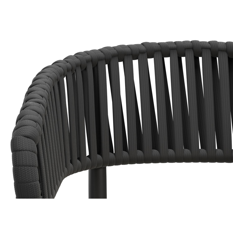 Tolfa stapelbare tuinstoel in zwart aluminium en zwart verticaal geweven luxe vlakke brede rope met stoelkussen in All Weather Cosytica Althea Chalk