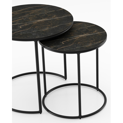 Ensemble de 2 tables basse Fano en aluminium noir avec céramique pleine Black Obsession - table 1: dia 50 x H 50, table 2: dia 40 x H 45 cm