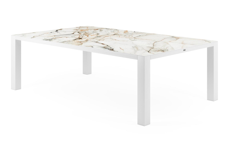 Table de jardin Nano en aluminium blanc et céramique pleine calacatta luxe - Lg 240 x Larg. 148 x H 74 cm