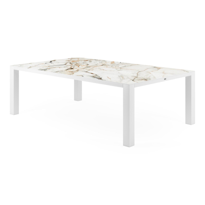 Table de jardin Nano en aluminium blanc et céramique pleine calacatta luxe - Lg 240 x Larg. 148 x H 74 cm