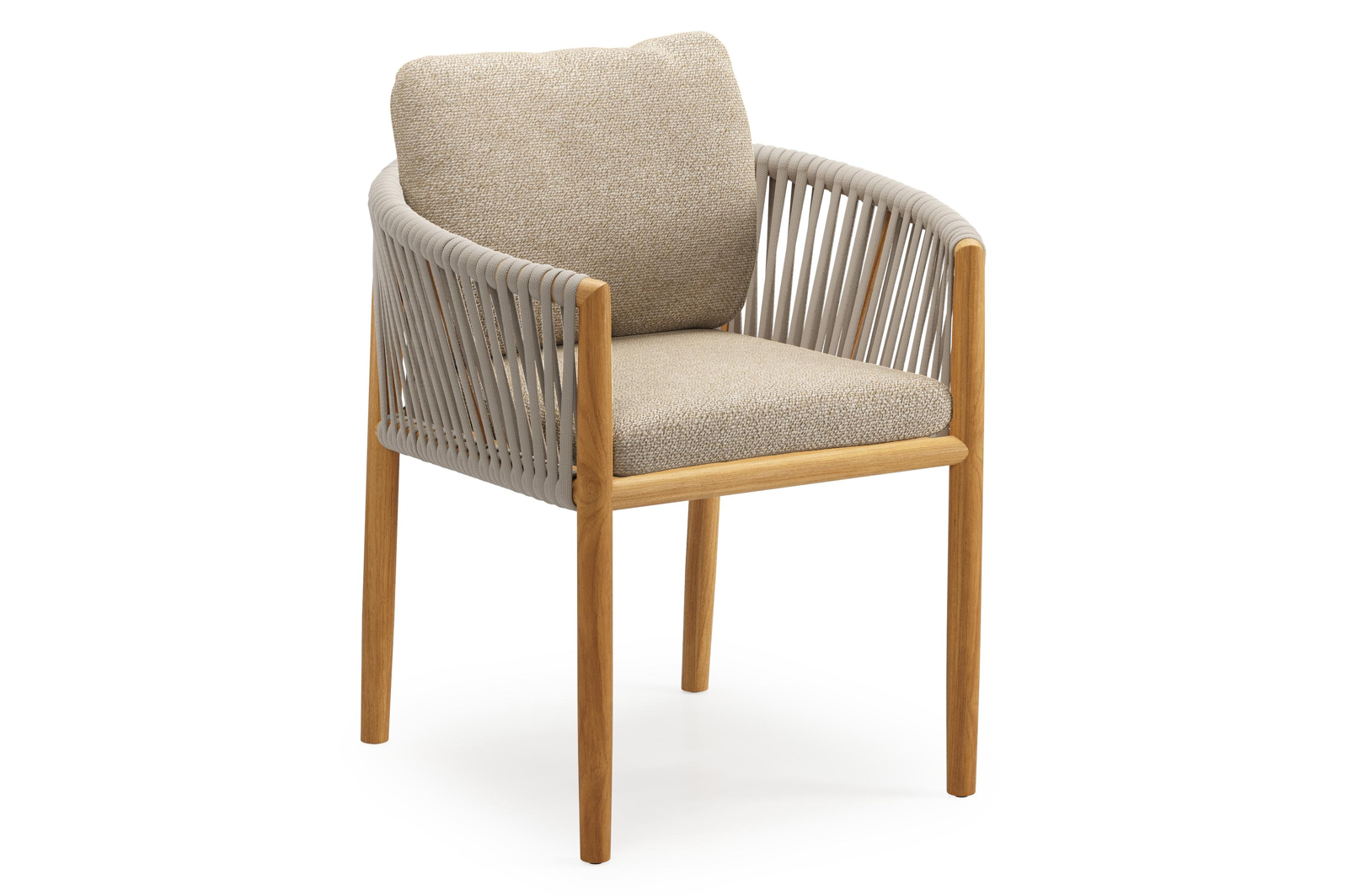 Organo  tuinstoel in beige teak en beige verticaal geweven luxe vlakke rope met kussen in All Weather Cosytica Madagascar Oak