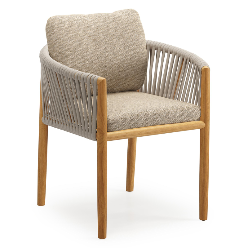 Organo tuinstoel in beige teak en beige verticaal geweven luxe vlakke rope met kussen in All Weather Cosytica Madagascar Oak