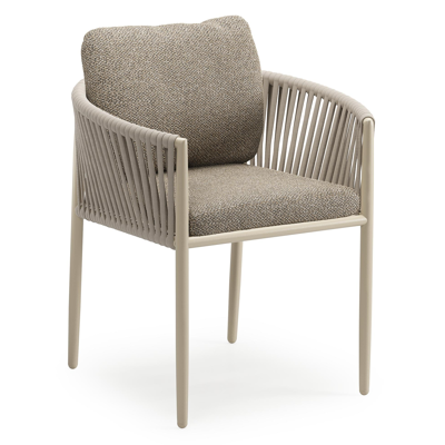 Organo tuinstoel in beige aluminium en beige verticaal geweven luxe vlakke rope met zitkussen in All Weather Cosytica Madagascar Burch