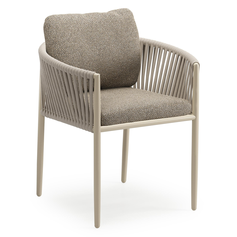 Organo tuinstoel in beige aluminium en beige verticaal geweven luxe vlakke rope met zitkussen in All Weather Cosytica Madagascar Burch
