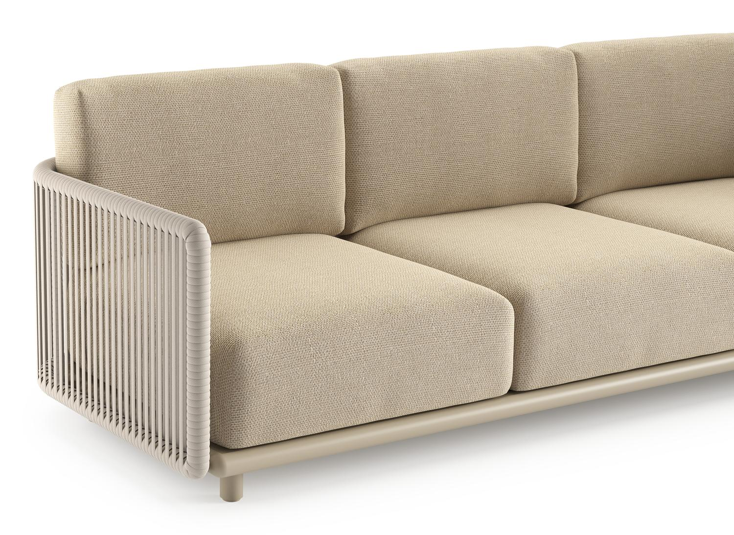 Organo loungehoek in beige aluminium en beige verticaal geweven luxe vlakke rope met althea camel all weather Cosytica kussen