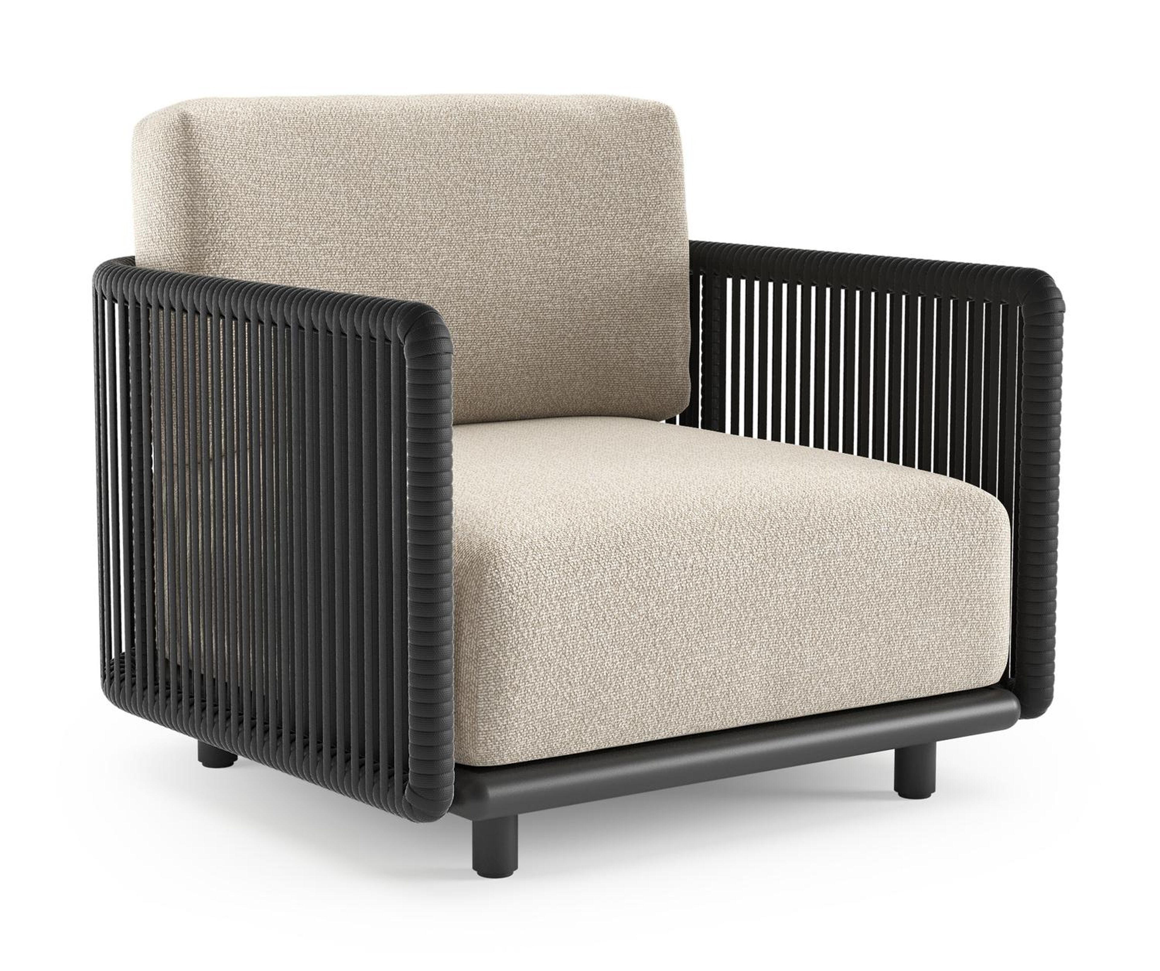 Fauteuil de jardin Organo en aluminium noir et corde luxe plate tissée verticalement noir et coussin en all weather Cosytica marbella ecru