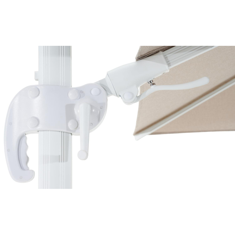 Avola zweefparasol met tiltfunctie in wit aluminium en Natte Graumel Chalk Sunbrella® Premium parasoldoek - L1 200 x L2 300 cm met Pedito parasolvoet 120 kg