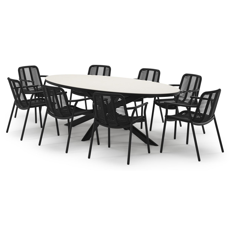 Pamplona tuinset in zwart aluminium en crema minerale sintered stone met 8 stapelbare Berga tuinstoelen
