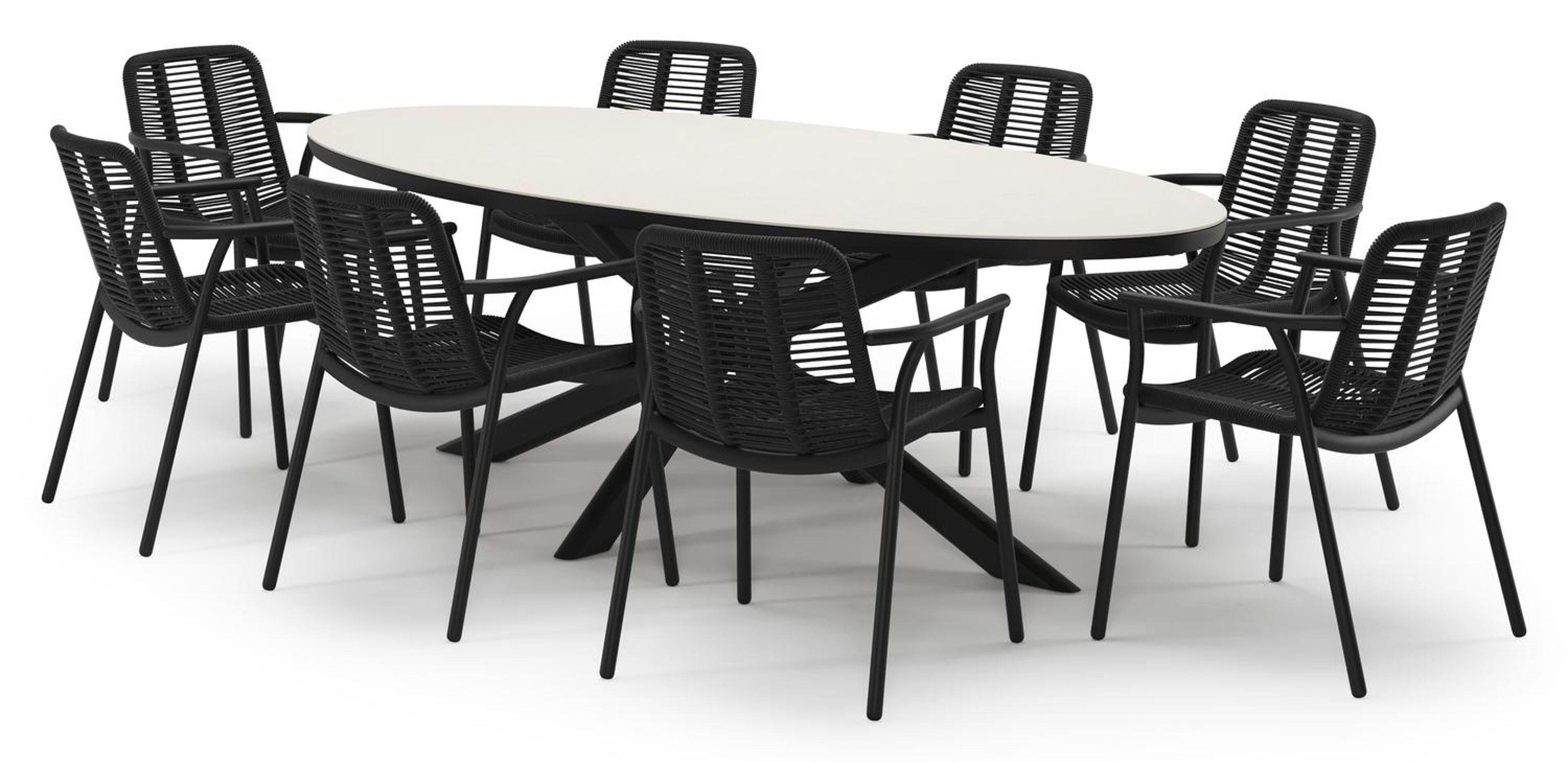 Pamplona tuinset in zwart aluminium en crema minerale sintered stone met 8 stapelbare Berga tuinstoelen