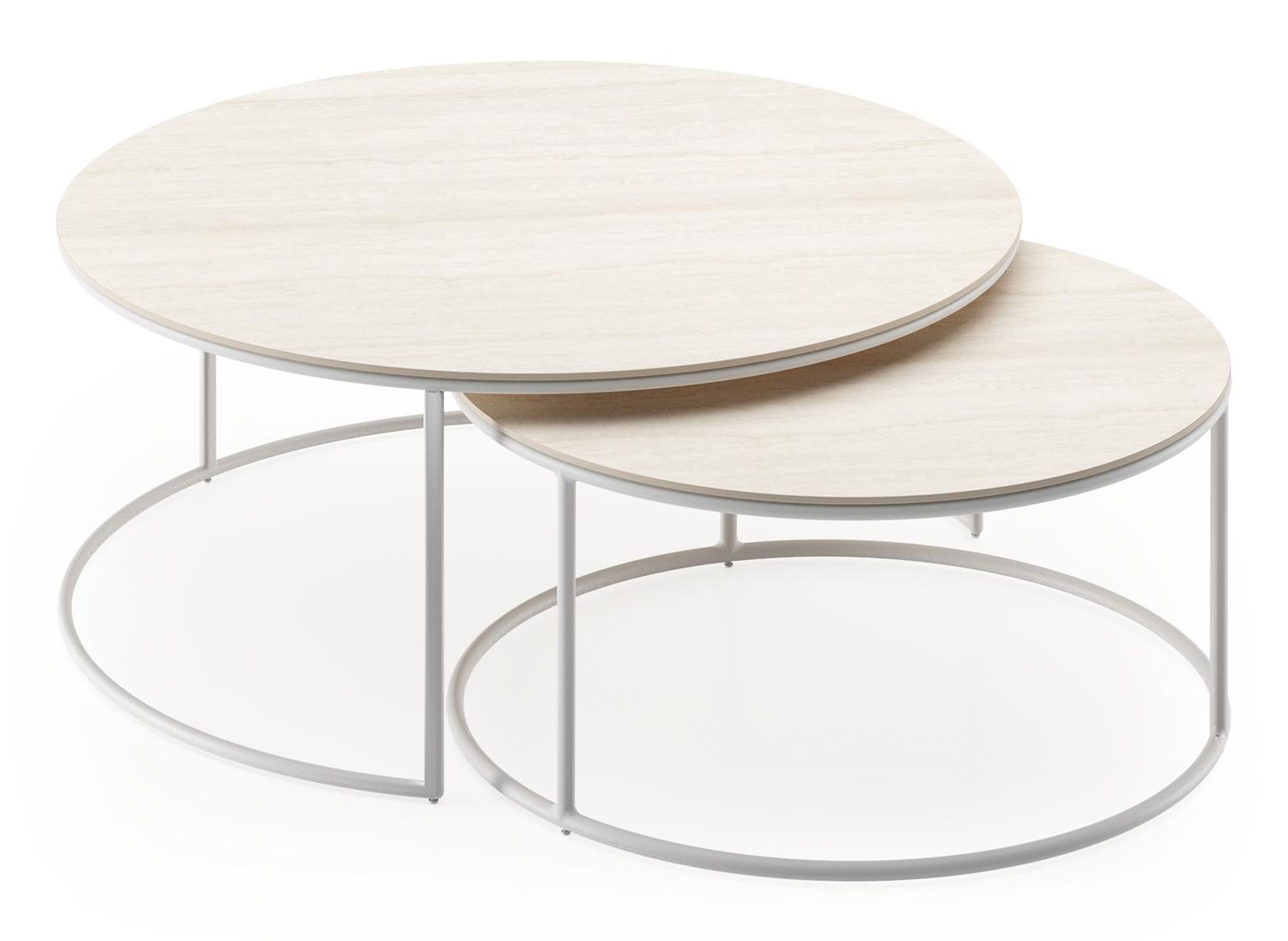 Ensemble de 2 tables d'appoint Fano ronde en aluminium blanc et céramique pleine Travertino Bianco - Diam. 85 x Haut. 75 cm
