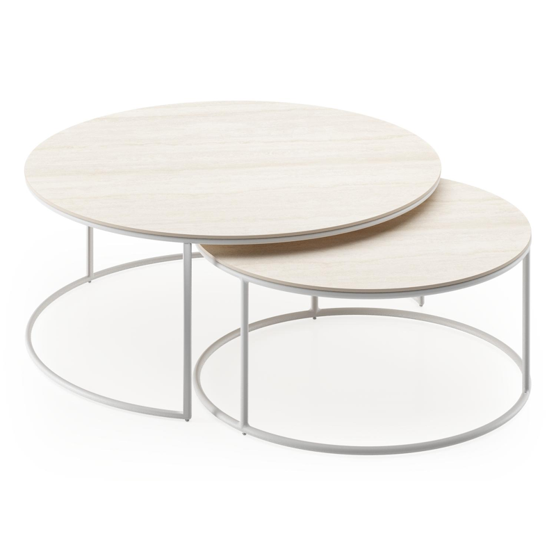 Ensemble de 2 tables d'appoint Fano ronde en blanc aluminium et céramique pleine Travertino Bianco - Diam. 85 x Haut. 35 cm