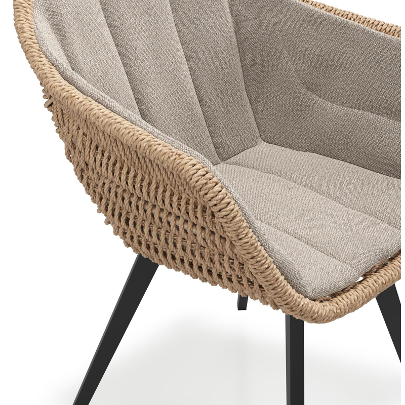 Pagino tuinstoel in zwart aluminium en naturel ronde wicker met zitkussen in All Weather Sunbrella® Luxe Savane Coconut
