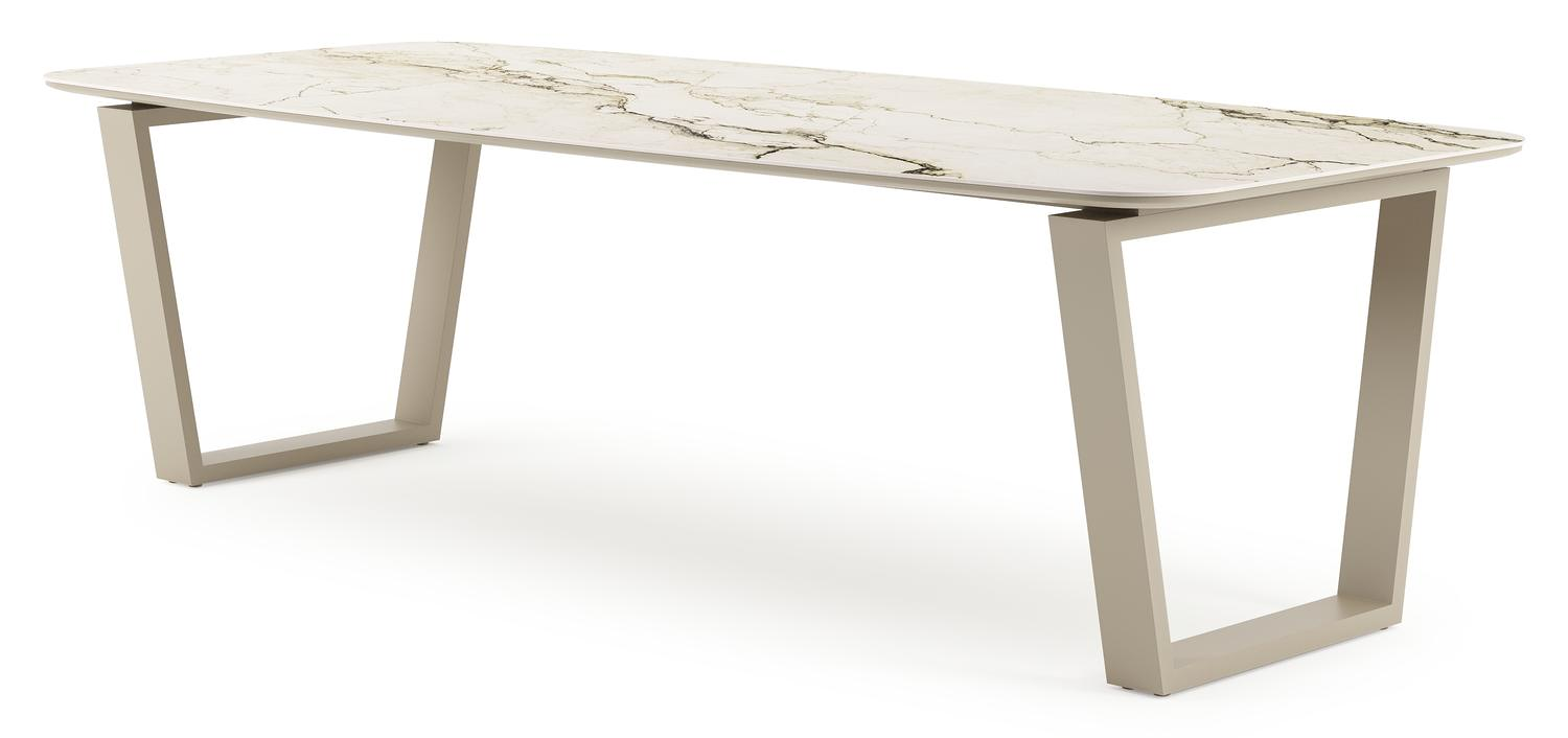 Table de jardin Pagino forme de bateau en aluminium beige et céramique pleine Colorado Dunes Lg. 255 x Lrg. 115 x Haut. 73 cm