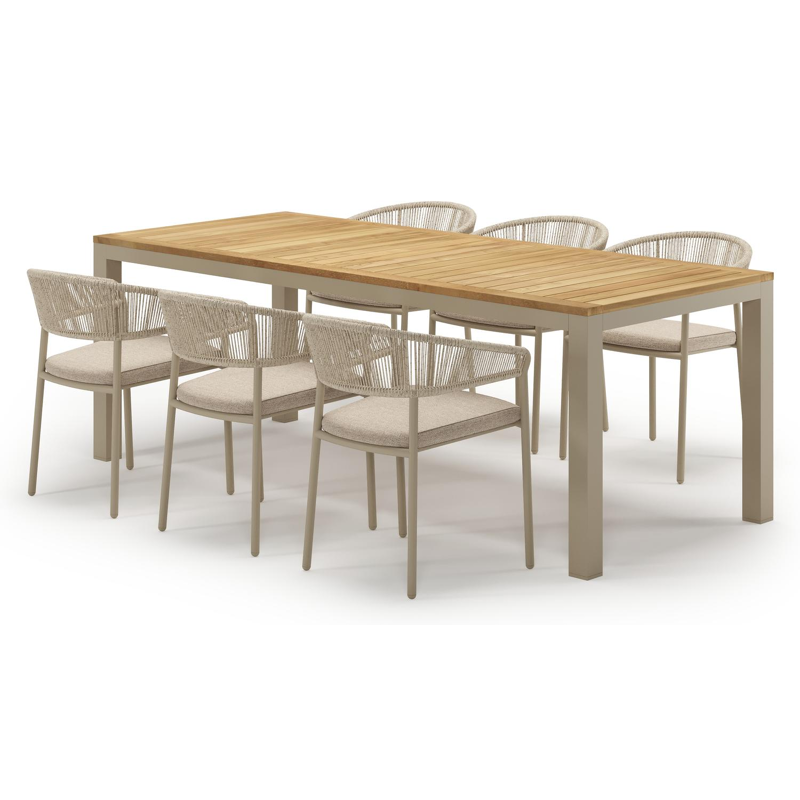 Ensemble de jardin Varese en aluminium beige et teck avec 6 chaises de jardin Zamora