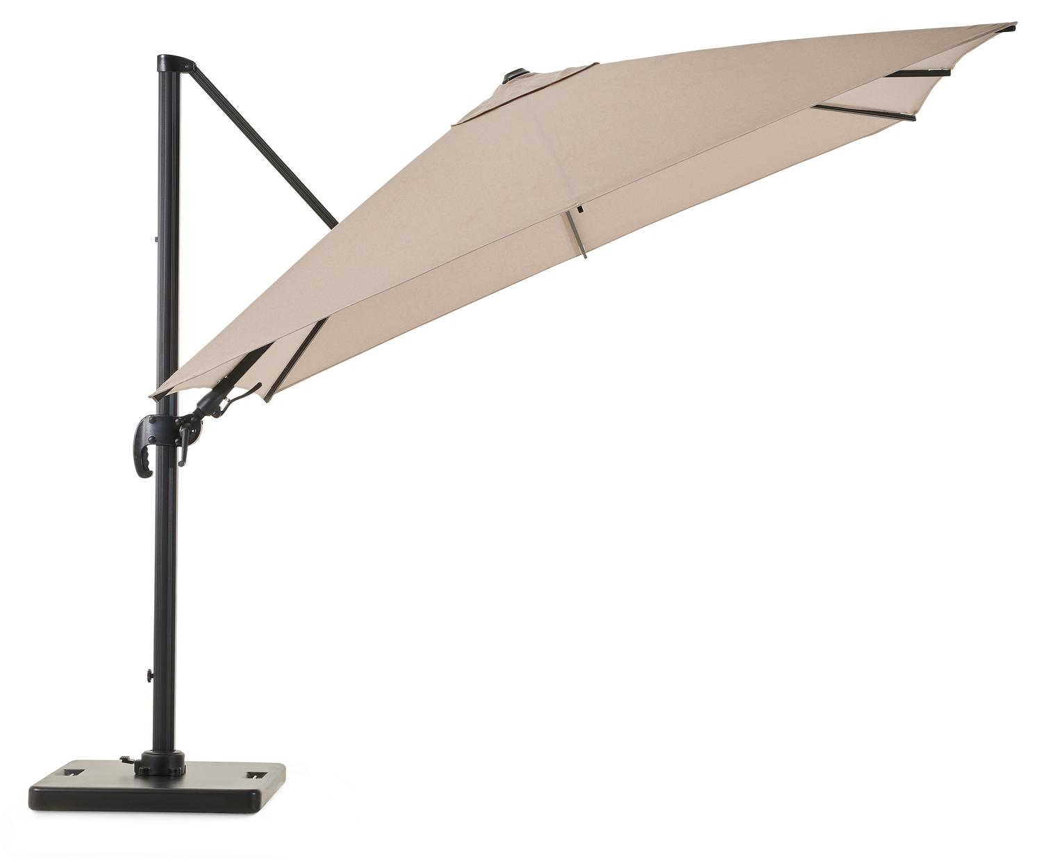 Avola zweefparasol met tiltfunctie in zwart aluminium en natural Weather+ Softtouch parasoldoek - L1 300 x L2 300 cm met Pedito parasolvoet 120 kg