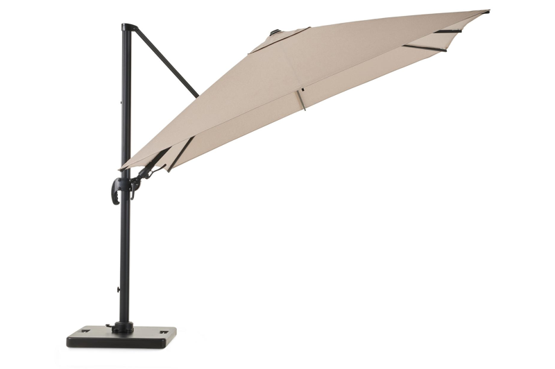 Avola zweefparasol met tiltfunctie in zwart aluminium en natural Weather+ Softtouch parasoldoek - L1 300 x L2 300 cm met Pedito parasolvoet 120 kg