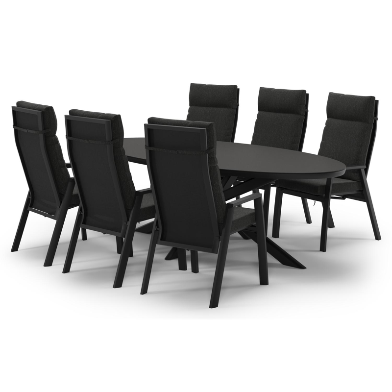 Ensemble de jardin Pamplona en aluminium noir et sintered stone notte minerale avec 6 chaises de jardin Leon