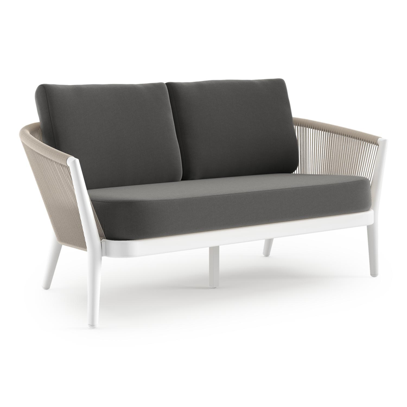 Orso loungebank in wit aluminium en beige verticaal geweven ronde rope met Natte Charcoal Chine all weather sunbrella® luxe kussen
